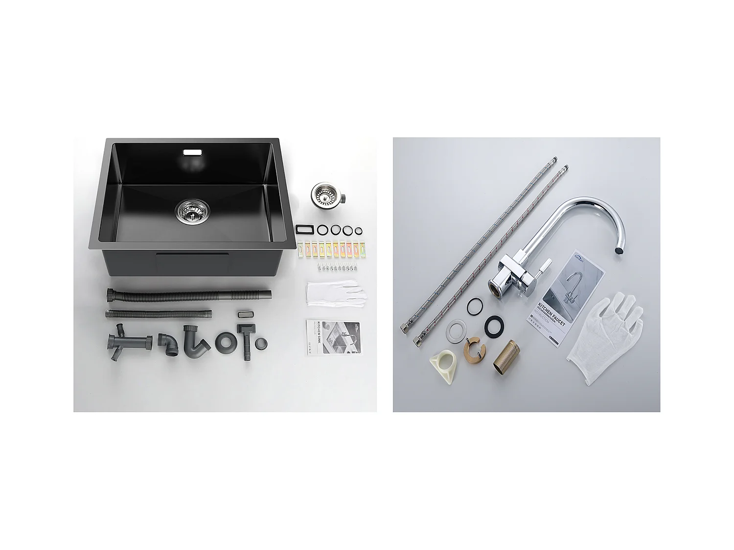 2 en1 Évier de Cuisine 1 Bac 55*44*19CM, à Encastrer/Fleur/ Sous-Plan, Noir+Robinet de Cuisine Pivotant à 360° Eau Froide /Chaude,Chromé