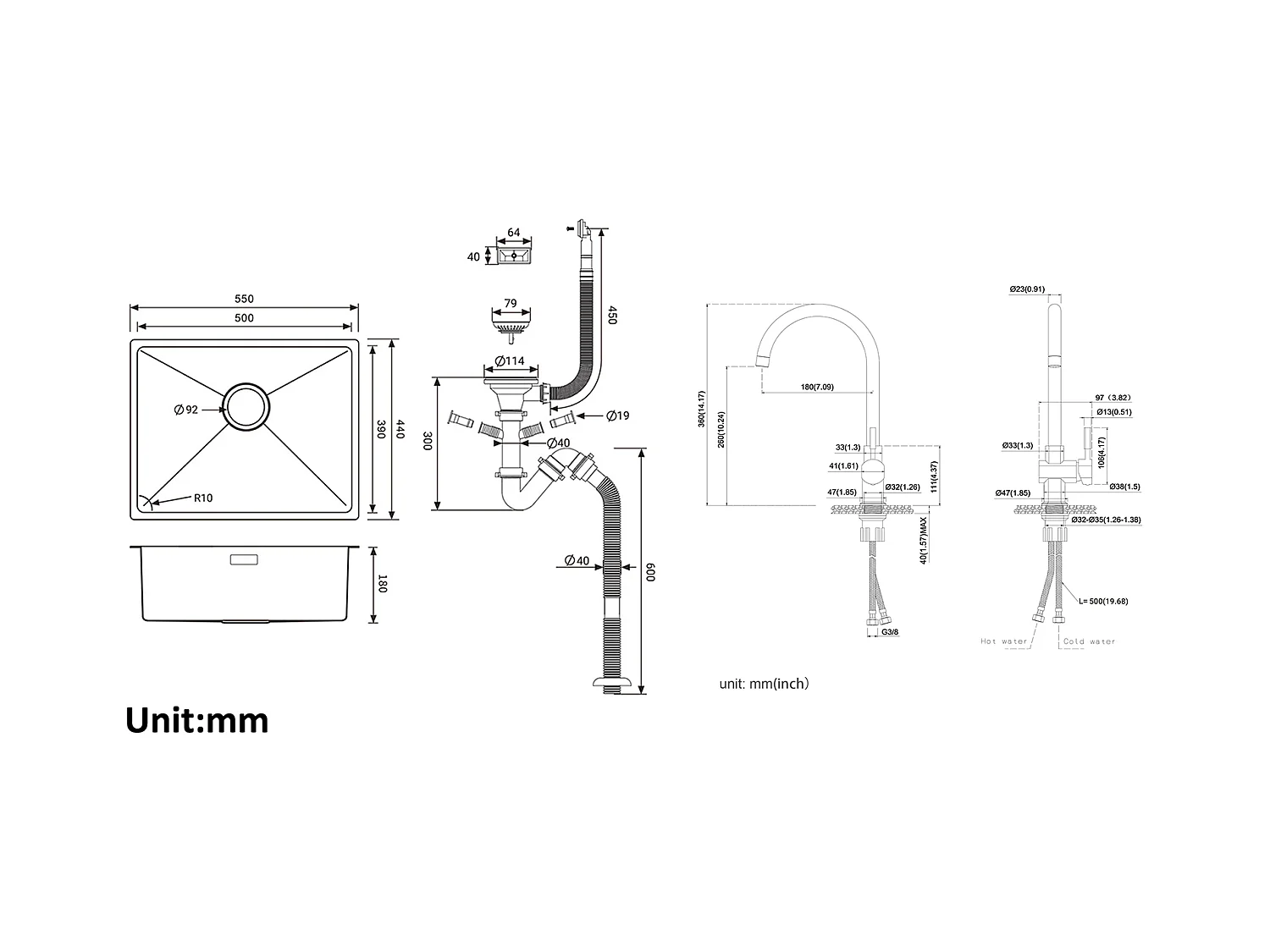2 en1 Évier de Cuisine 1 Bac 55*44*19CM, à Encastrer/Fleur/ Sous-Plan, Noir+Robinet de Cuisine Pivotant à 360° Eau Froide /Chaude,Chromé
