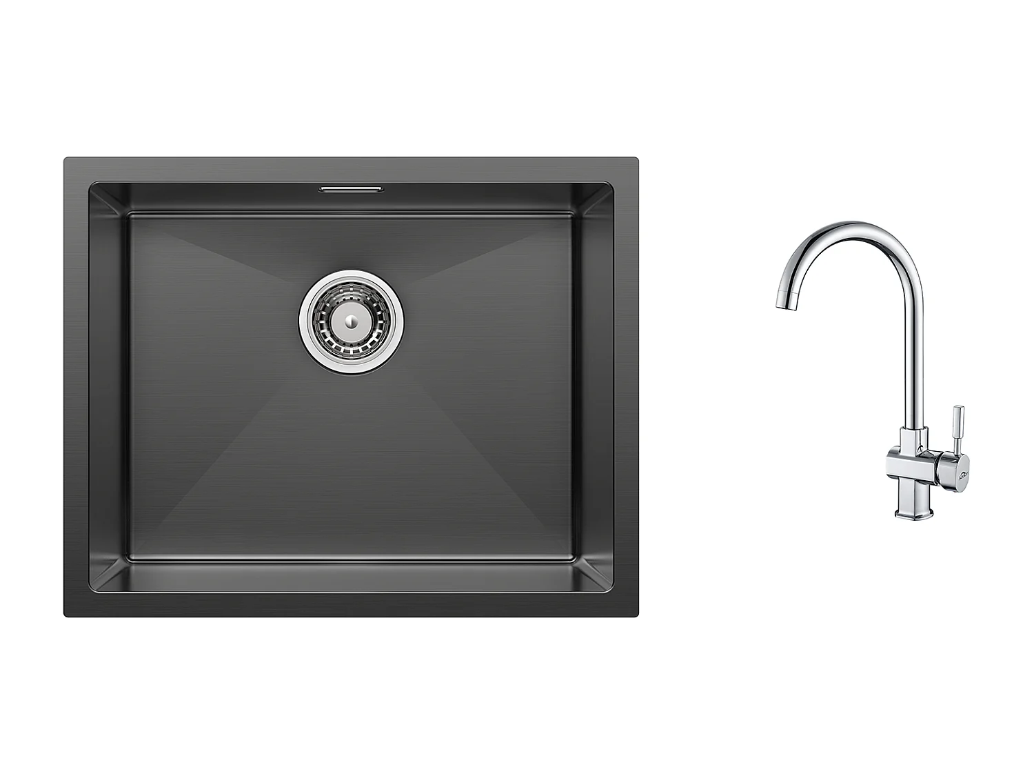 2 in1 Lavello da cucina 1 Vassoio 55*44*19CM, da incasso/Fiore/Sottopiano, Nero+Rubinetto da cucina girevole a 360° Acqua fredda/Calda,Cromato