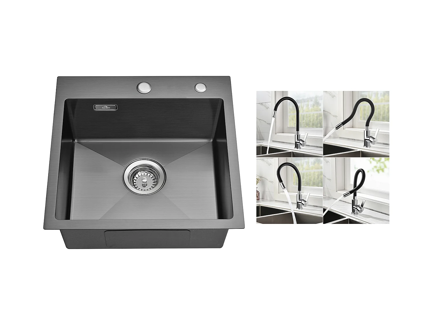 Évier Cuisine Noir  1 Bac 45x45CM Acier Inoxydable 304 ,encastré et à Poser+Mitigeur Cuisine Rabattable Pivotant 360° Eau froid Chaud,