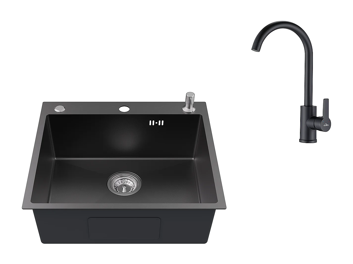 Evier Cuisine 1Bac 54*49*20 CM,en Inox,Noir Gris,Evier 1Cuve avec Distributeur Savon+Mitigeur Cuisine Pivotant 360°,Barboteur Démontable,Noir