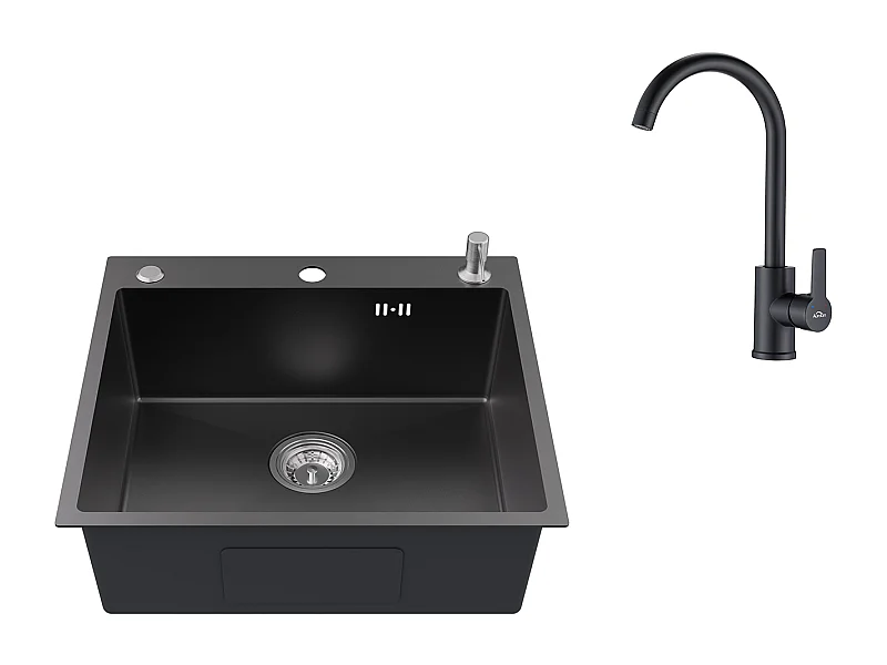 Evier Cuisine 1Bac 54*49*20 CM,en Inox,Noir Gris,Evier 1Cuve avec Distributeur Savon+Mitigeur Cuisine Pivotant 360°,Barboteur Démontable,Noir