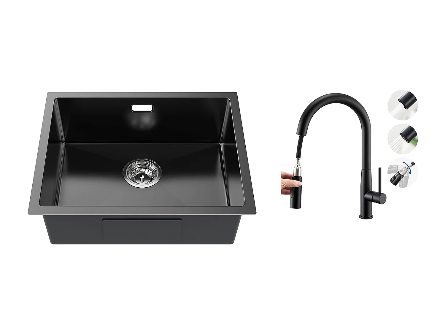 Aanrecht 1 Bak 55*44*19CM, Inbouw/Bloem/Ondergrond, Zwart+Keukenkraan met Uittrekbare Handdouche, 360° Zwenkbaar,U-vormige Uitloop, Zwart