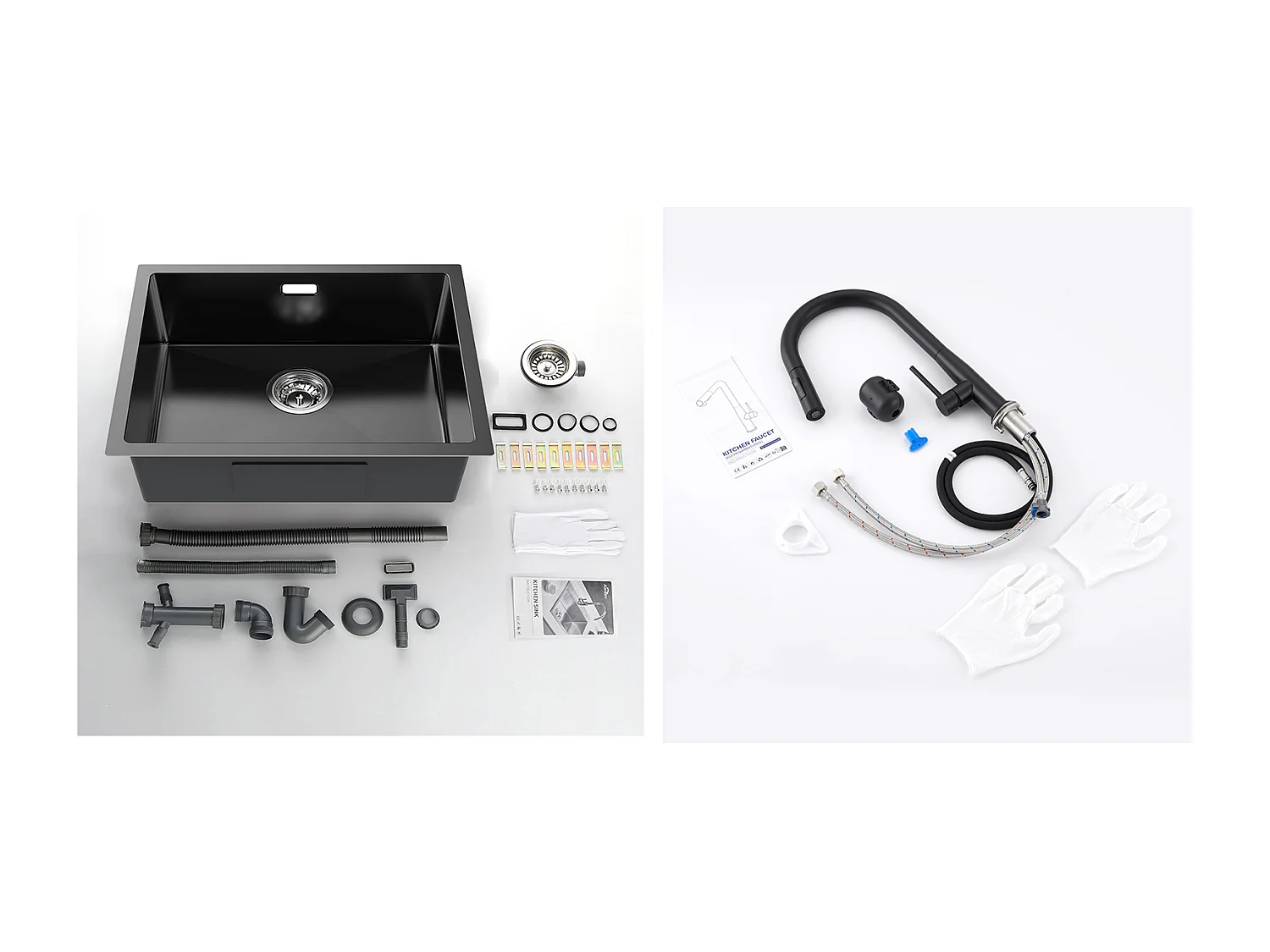 Aanrecht 1 Bak 55*44*19CM, Inbouw/Bloem/Ondergrond, Zwart+Keukenkraan met Uittrekbare Handdouche, 360° Zwenkbaar,U-vormige Uitloop, Zwart