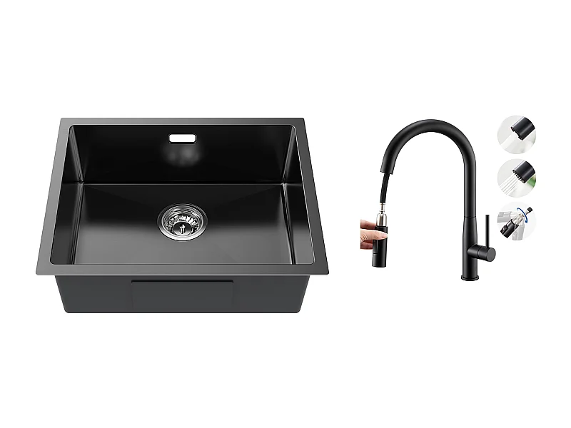Évier Cuisine 1 Bac 55*44*19CM, à Encastrer/Fleur/ Sous-Plan, Noir+Robinet Cuisine avec Douchette Extractible,Pivotant 360°,Bec en FormeU,Noir