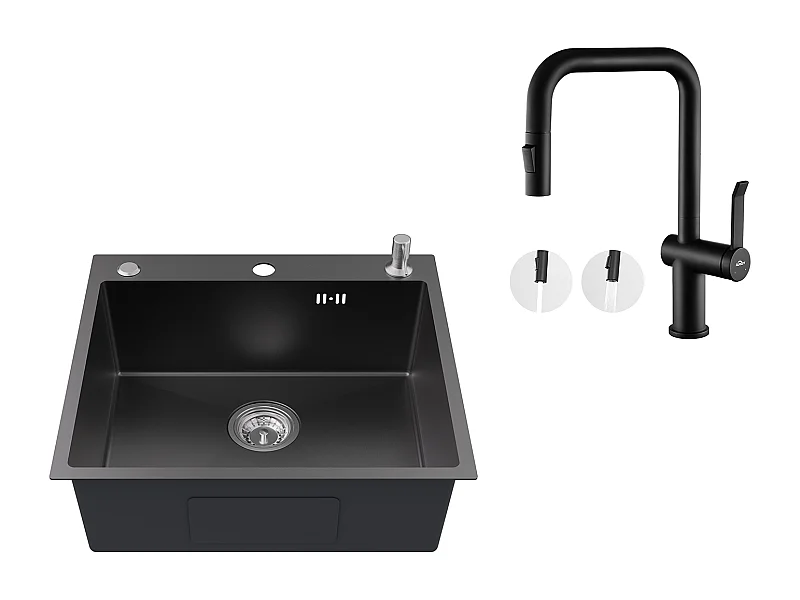 Evier Cuisine 1Bac 54*49*20 CM,en Inox,Noir Gris,Evier avec Distributeur Savon +Robinet Cuisine avec Douchette Extractible,2 Fonctions,Noir