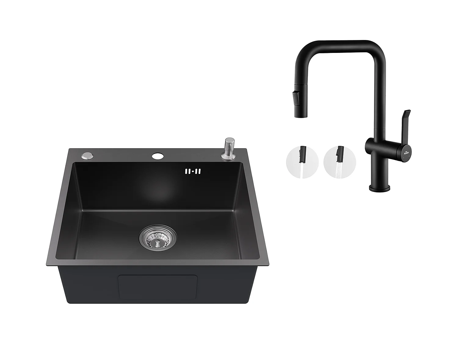 Evier Cuisine 1Bac 54*49*20 CM,en Inox,Noir Gris,Evier avec Distributeur Savon +Robinet Cuisine avec Douchette Extractible,2 Fonctions,Noir