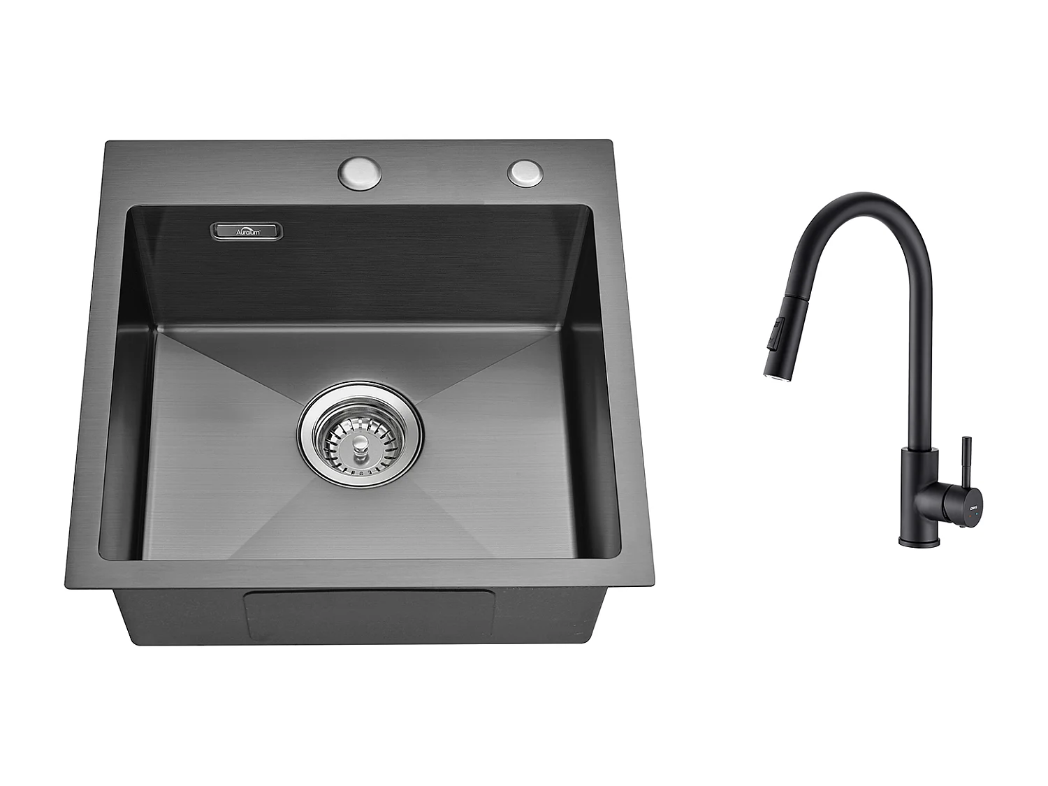 Évier Cuisine Noir  1 Bac 45x45CM Acier Inoxydable 304 ,encastré et à Poser+Robinet de Cuisine Noir,  Inox Extractible Rotatif à 360 °, 2 Fonctions 