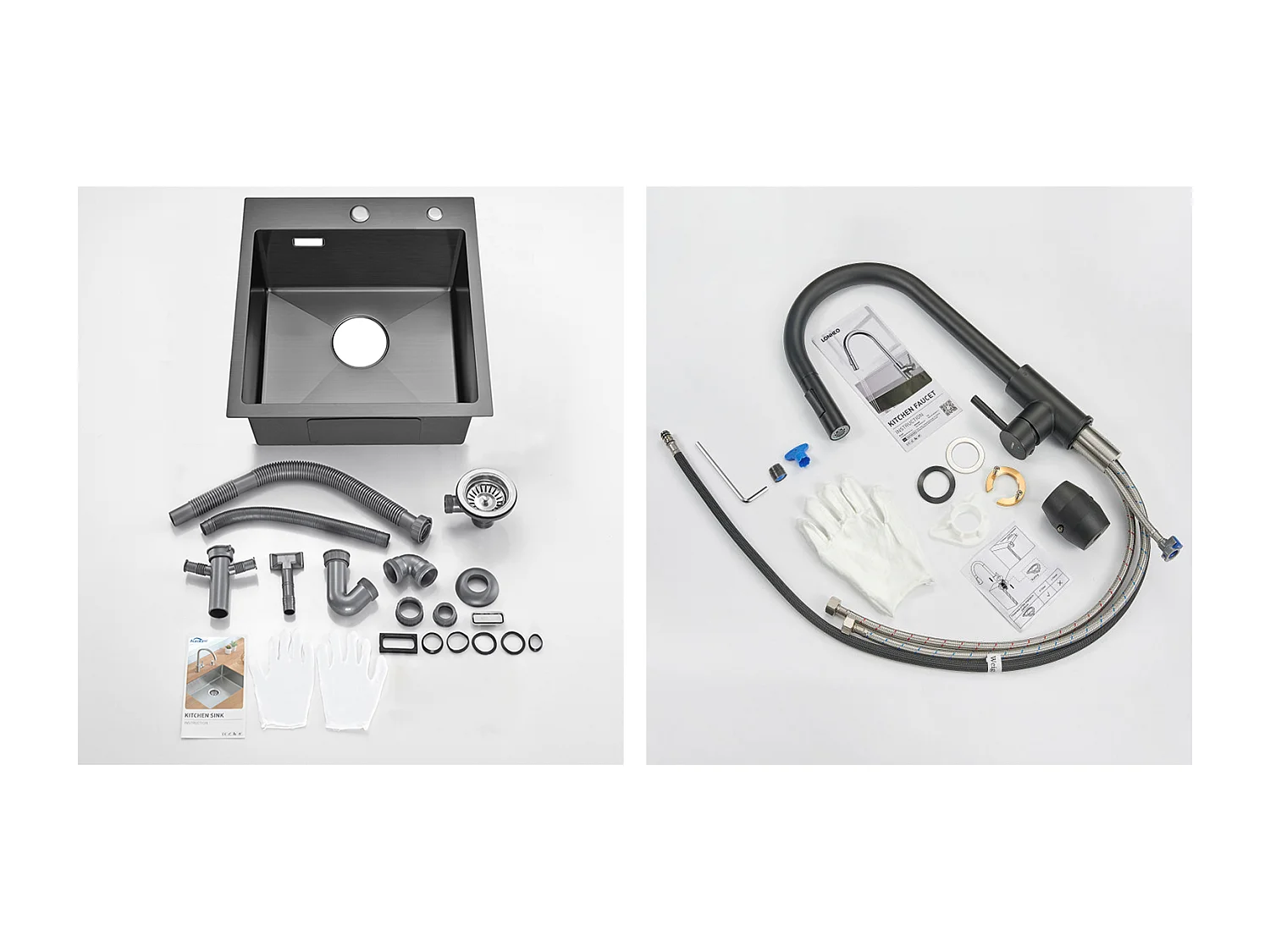 Évier Cuisine Noir  1 Bac 45x45CM Acier Inoxydable 304 ,encastré et à Poser+Robinet de Cuisine Noir,  Inox Extractible Rotatif à 360 °, 2 Fonctions 