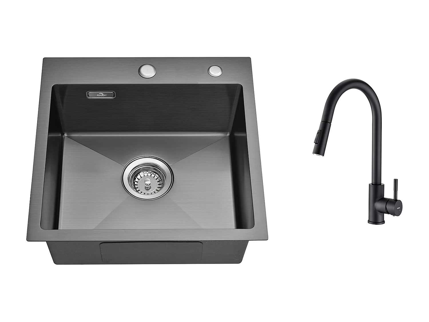 Zwarte keuken gootsteen 1 bak 45x45CM 304 roestvrij staal, inbouw en opzetbaar + zwarte keukenkraan, uittrekbaar roestvrij staal 360 ° roterend, 2 functies