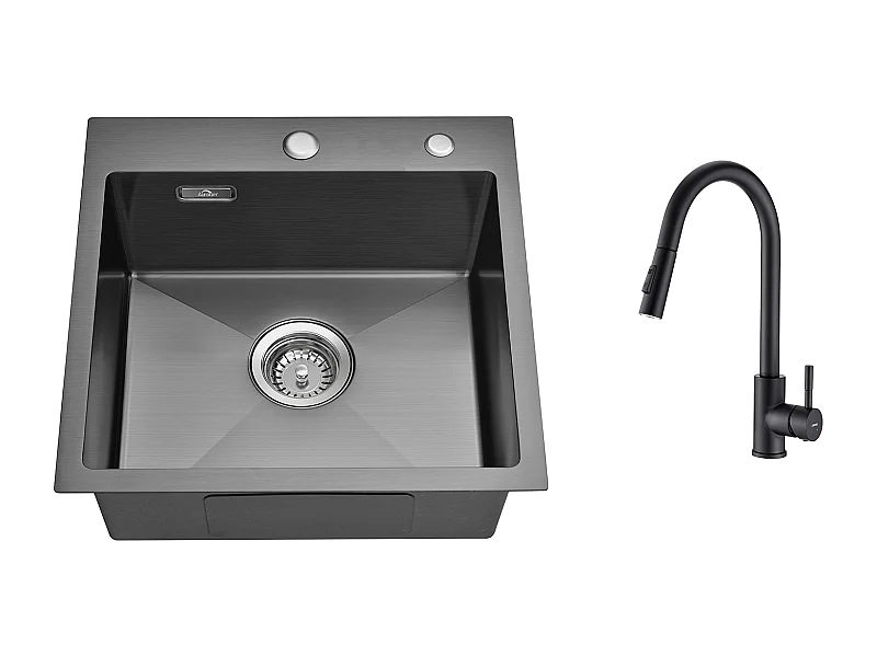 Lavello Cucina Nero 1 Vassoio 45x45CM Inossidabile 304,incassato eT da posare+rubinetto da cucina nero,acciaio inossidabile estraibile rotante 360 °