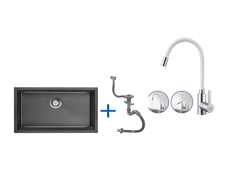 70 * 44 * 19 cm Einzelbecken-Küchenspüle, Einbau-/Blumen-/Unterbauspüle, mit Siphon/Überlauf + flexiblem Küchenhahn, frei schwenkbarem hohen Auslauf, weiß