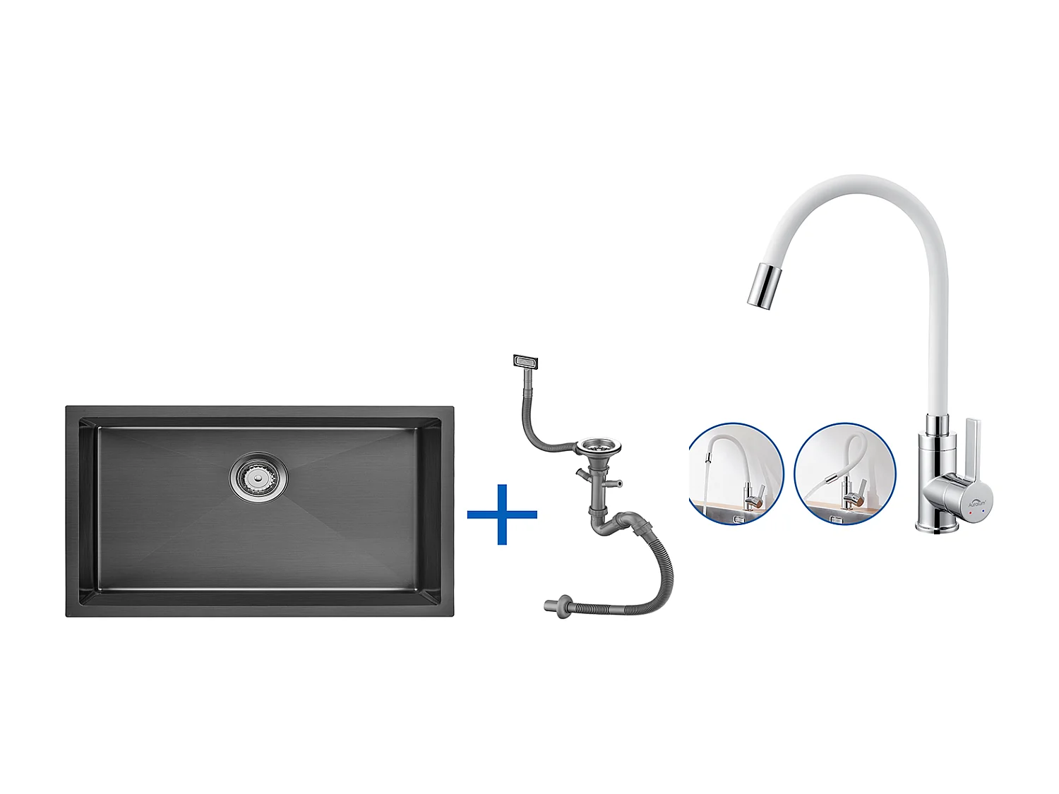 Fregadero Cocina 1Bandeja 70*44*19CM,para Empotrar/Fleur/Sous-Plan,con Sifón/Trop-Plein+Grifo Cocina FLegible Boco Alto Orientable Libremente, Blanco