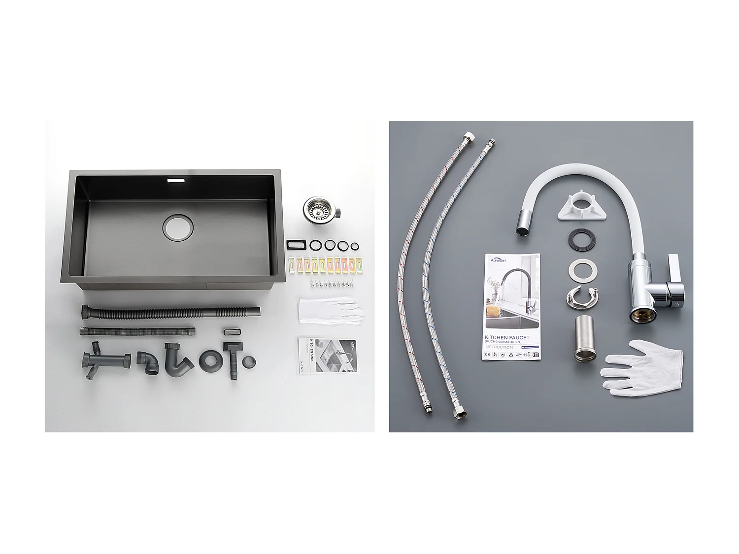 Fregadero Cocina 1Bandeja 70*44*19CM,para Empotrar/Fleur/Sous-Plan,con Sifón/Trop-Plein+Grifo Cocina FLegible Boco Alto Orientable Libremente, Blanco