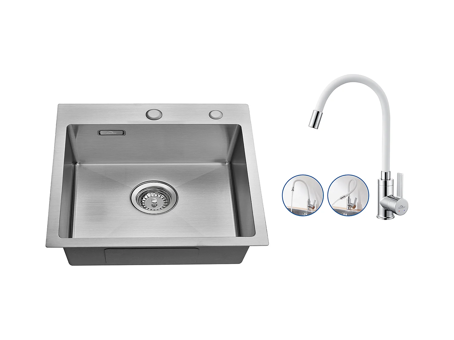 Évier Cuisine 1 Bac 45x45CM Acier Inoxydable 304,encastré et à Poser+Robinet Cuisine Flexible Bec Haut Orientable Librement,Eau Chaude/Froide,Blanc