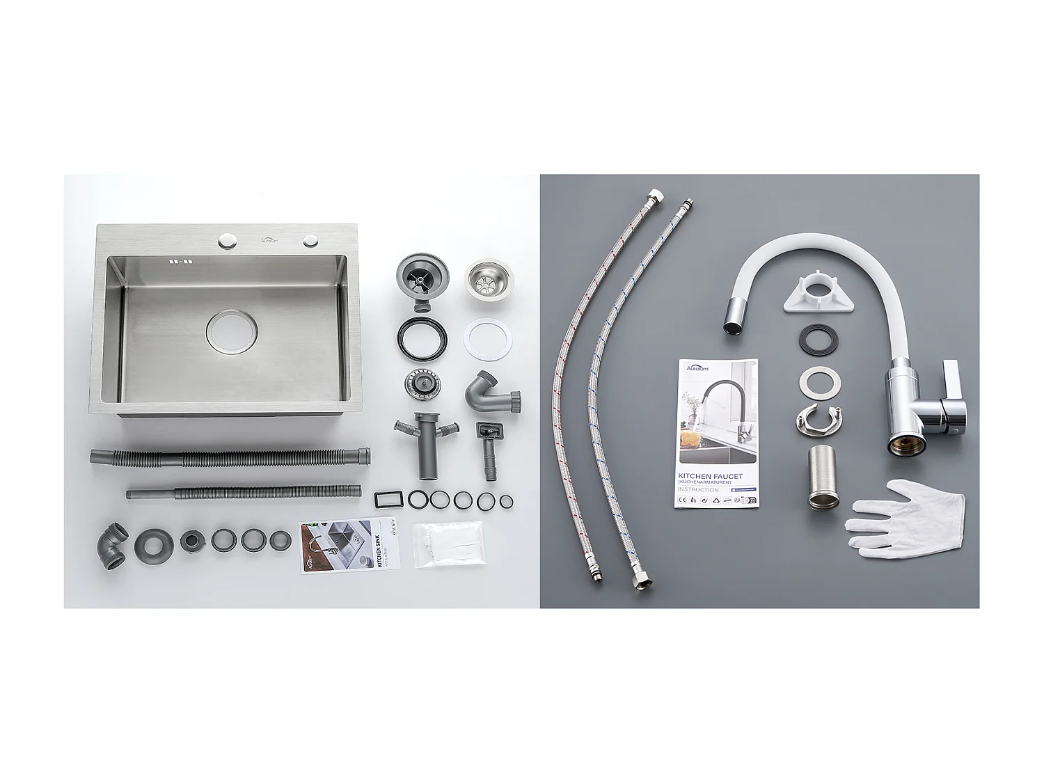 Aanrecht 1 bak 45x45CM RVS 304, inbouw en op te zetten + flexibele keukenkraan hoge uitloop vrij te sturen, warm/koud water, wit