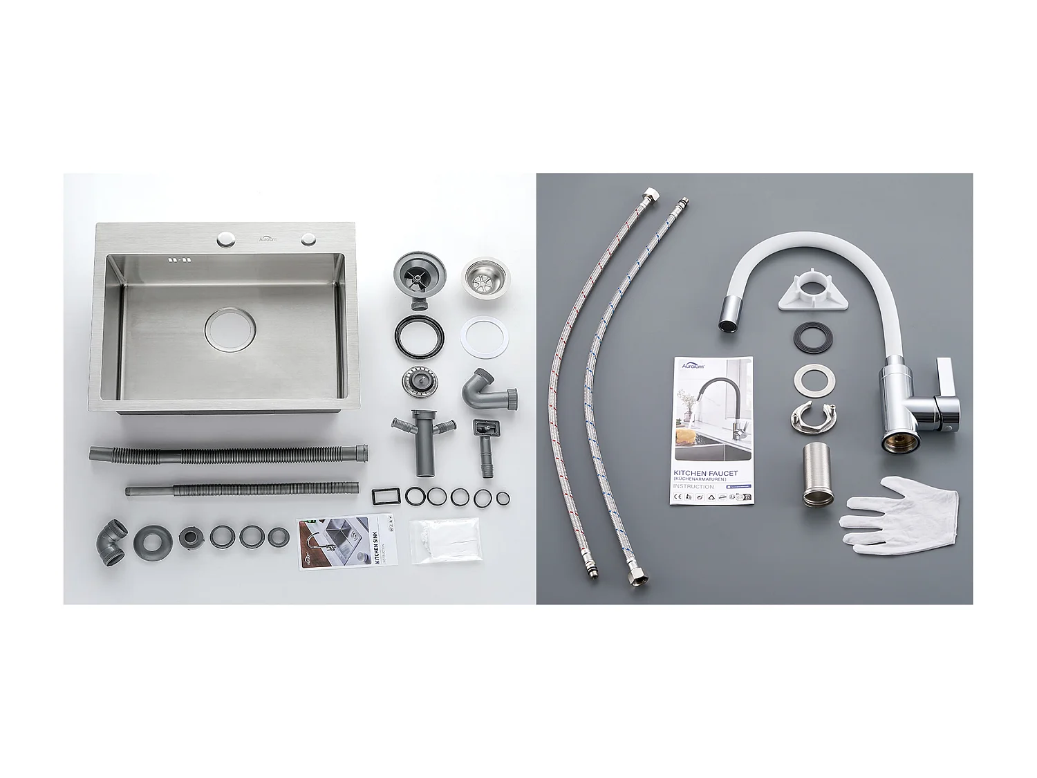 Évier Cuisine 1 Bac 45x45CM Acier Inoxydable 304,encastré et à Poser+Robinet Cuisine Flexible Bec Haut Orientable Librement,Eau Chaude/Froide,Blanc