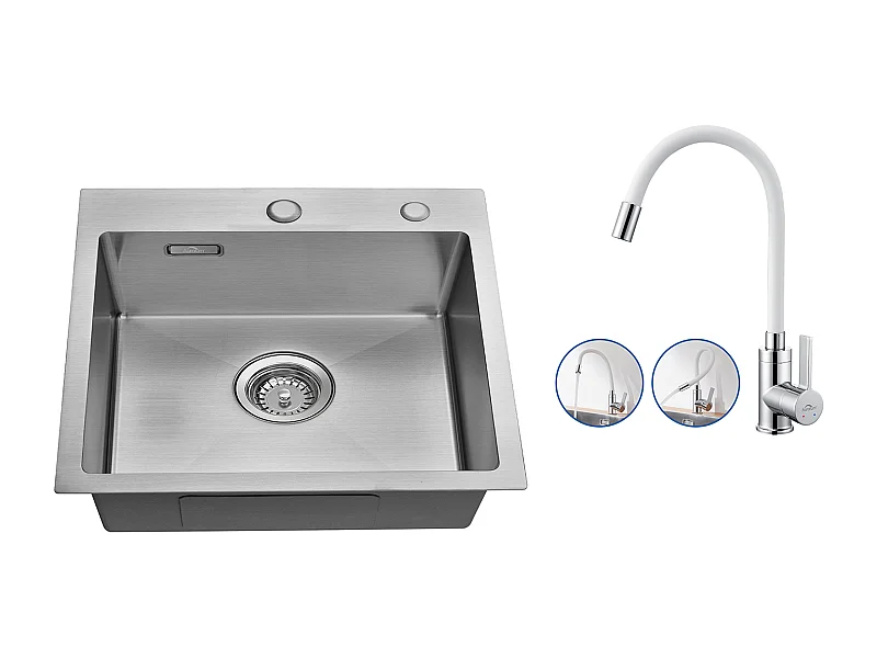 Évier Cuisine 1 Bac 45x45CM Acier Inoxydable 304,encastré et à Poser+Robinet Cuisine Flexible Bec Haut Orientable Librement,Eau Chaude/Froide,Blanc