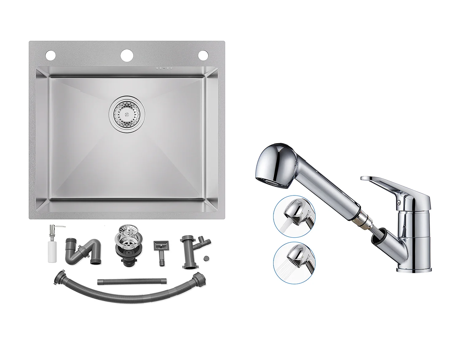 Evier Cuisine 54*49*20 CM,à Encastrer/à Fleur de Plan avec Distributeur Savon,Argent+Mitigeur de Cuisine avec Douchette Extractible,Chromé