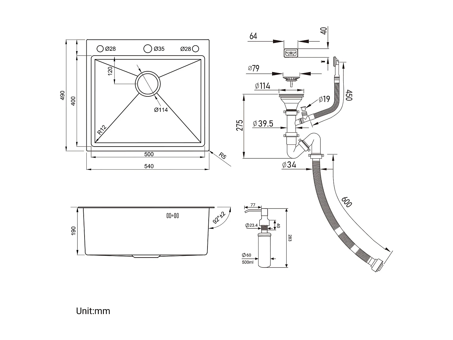 Evier Cuisine 54*49*20 CM,à Encastrer/à Fleur de Plan avec Distributeur Savon,Argent+Mitigeur de Cuisine avec Douchette Extractible,Chromé