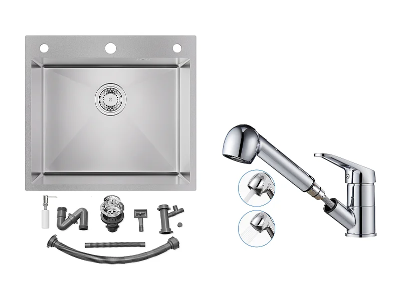 Evier Cuisine 54*49*20 CM,à Encastrer/à Fleur de Plan avec Distributeur Savon,Argent+Mitigeur de Cuisine avec Douchette Extractible,Chromé