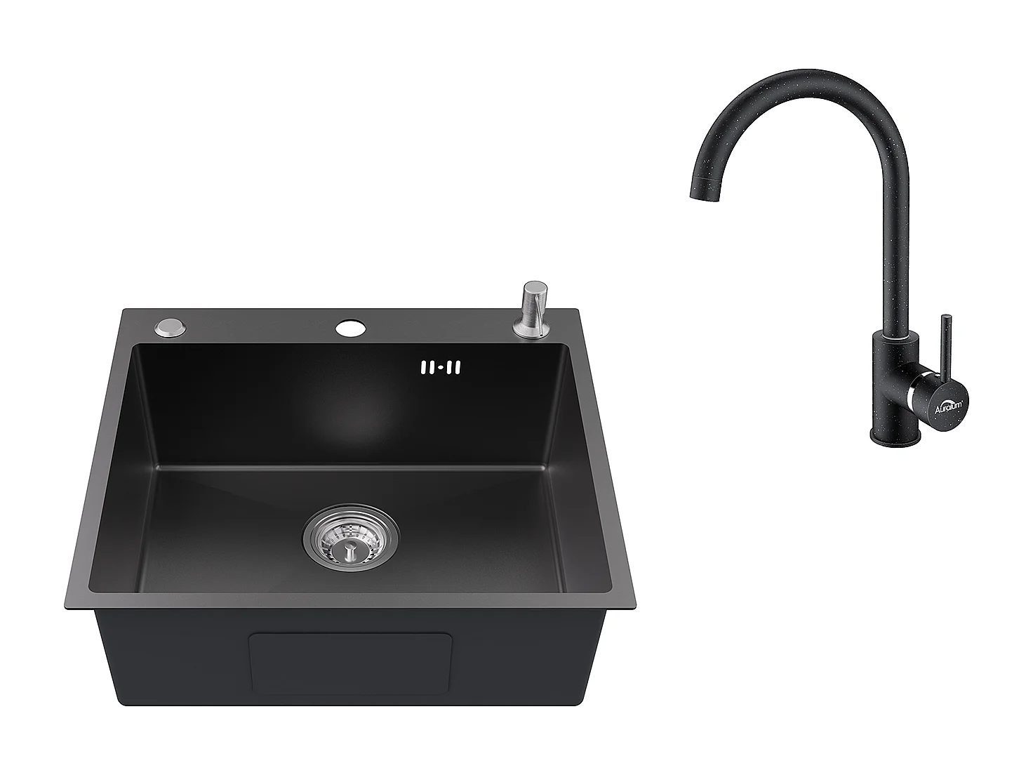 Evier Cuisine 1Bac 54*49*20 CM,en Inox,Noir Gris,Evier 1Cuve avec Distributeur Savon+Robinet Cuisine Rotatif 360° Noir avec points blancs