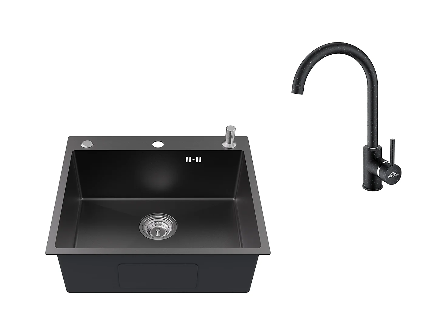 Evier Cuisine 1Bac 54*49*20 CM,en Inox,Noir Gris,Evier 1Cuve avec Distributeur Savon+Robinet Cuisine Rotatif 360° Noir avec points blancs
