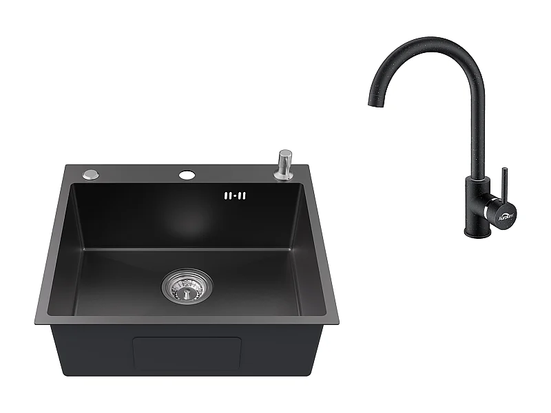 Fregadero Cocina 1 seno 54*49*20 CM, de Acero Inoxidable,Gris Negro, Fregadero 1Cuba con Dispensador Jabón+Grifo Cocina Giratorio 360° Negro