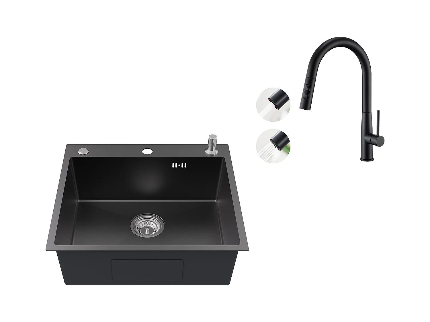 Aanrecht 1Bak 54*49*20 CM,Rvs,Zwart Grijs,Spoelbak met Zeepdispenser+RobiNet Keuken met Uittrekbare Douche ,2 Jets Modi ,Zwart