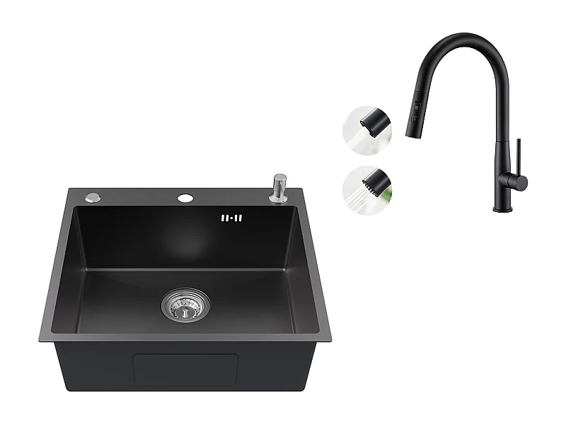 Aanrecht 1Bak 54*49*20 CM,Rvs,Zwart Grijs,Spoelbak met Zeepdispenser+RobiNet Keuken met Uittrekbare Douche ,2 Jets Modi ,Zwart