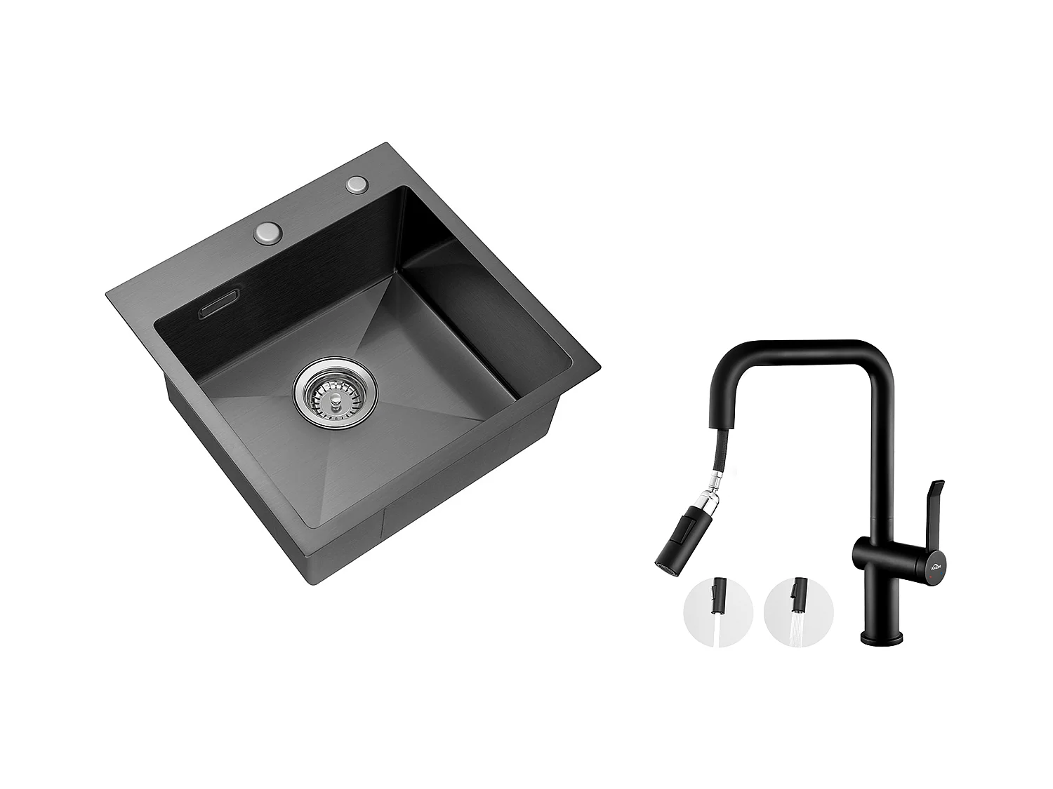 Évier Cuisine 1 Bac 45x45CM Acier Inoxydable 304 +Robinet de Cuisine avec Douchette Extractible Rotatif 360 °2 Fonctions, Barboteur démontable,Noir