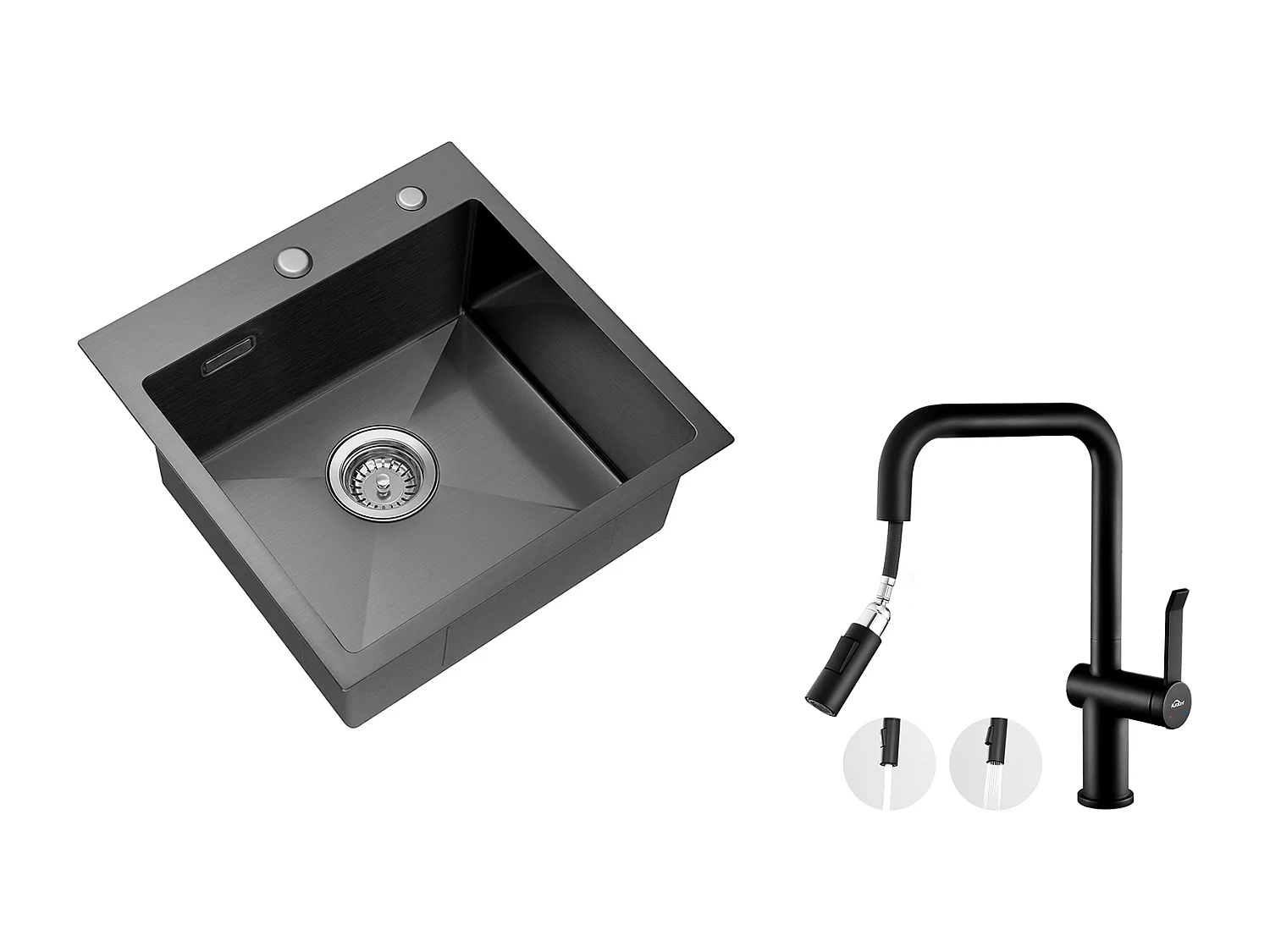Évier Cuisine 1 Bac 45x45CM Acier Inoxydable 304 +Robinet de Cuisine avec Douchette Extractible Rotatif 360 °2 Fonctions, Barboteur démontable,Noir