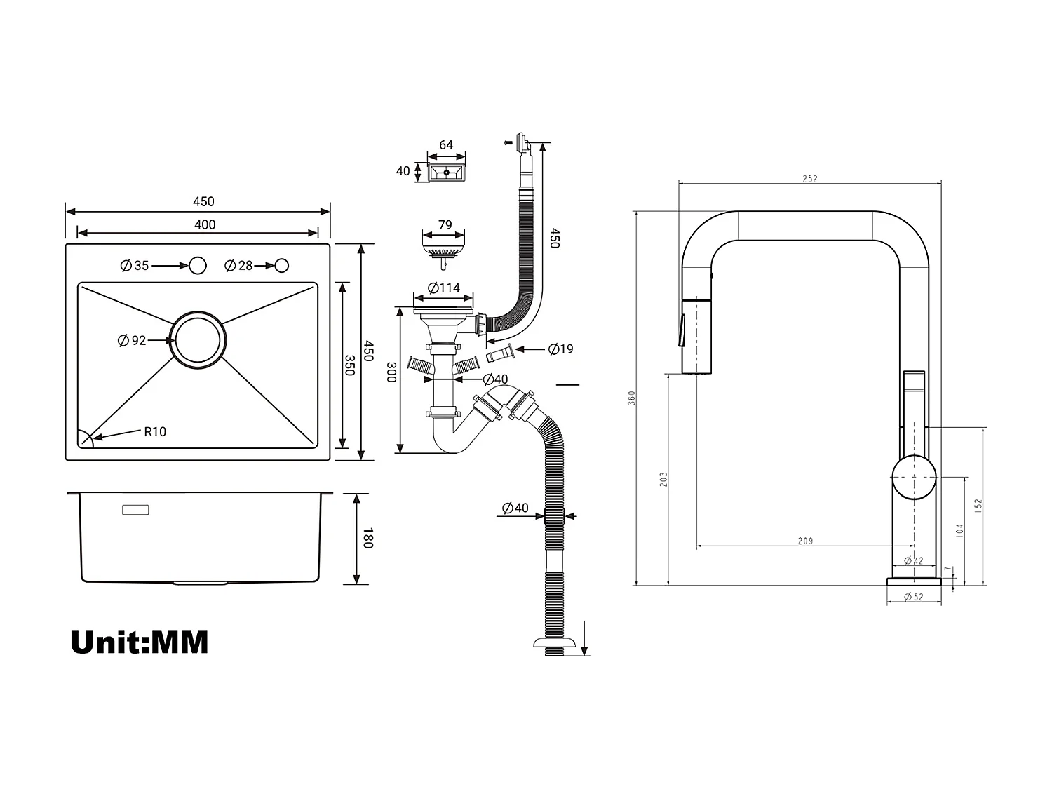 Évier Cuisine 1 Bac 45x45CM Acier Inoxydable 304 +Robinet de Cuisine avec Douchette Extractible Rotatif 360 °2 Fonctions, Barboteur démontable,Noir