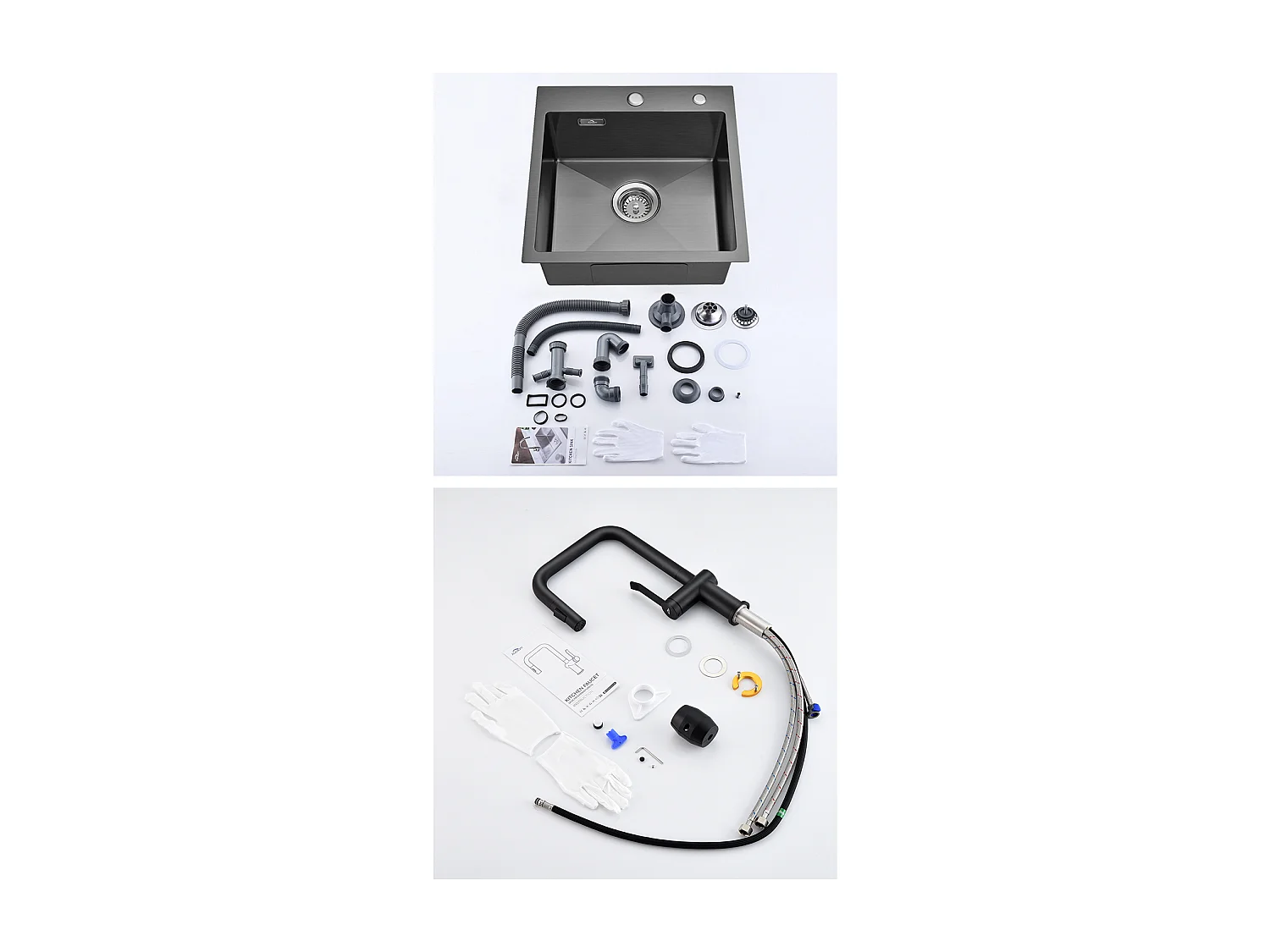 Évier Cuisine 1 Bac 45x45CM Acier Inoxydable 304 +Robinet de Cuisine avec Douchette Extractible Rotatif 360 °2 Fonctions, Barboteur démontable,Noir