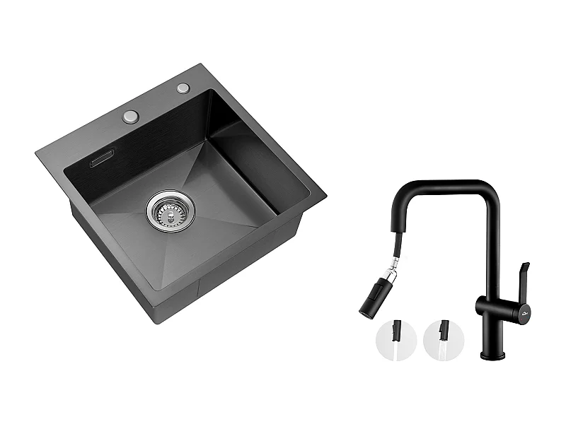 Aanrecht 1 Bak 45x45CM RVS 304 + Keukenkraan met Uittrekbare Handdouche 360 ° Roterend 2 Functies, Afneembare Romper, Zwart