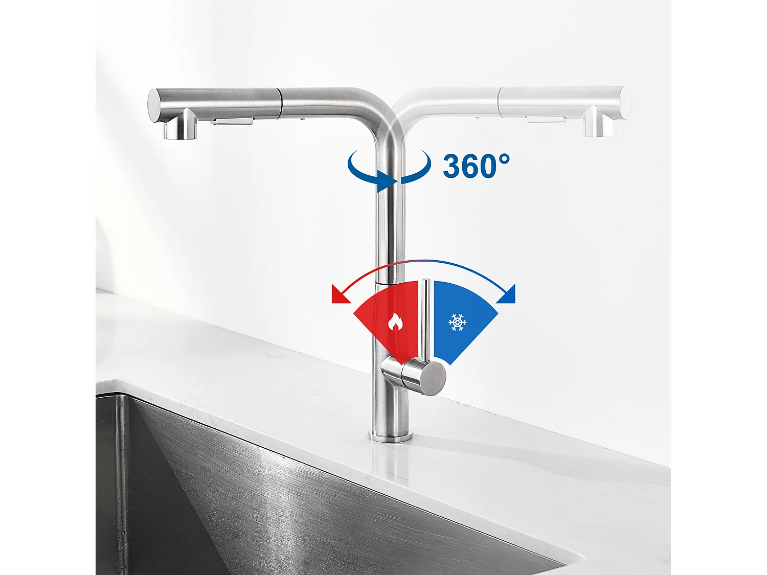 Évier Encastré 44x44x20CM- Évier de Cuisine 1 Bac en Acier Inoxydable 304,Argent+Mitigeur Cuisine avec Douchette Extractible Rotatif 360°