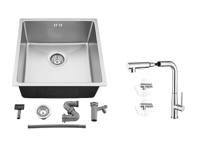 Évier Encastré 44x44x20CM- Évier de Cuisine 1 Bac en Acier Inoxydable 304,Argent+Mitigeur Cuisine avec Douchette Extractible Rotatif 360°