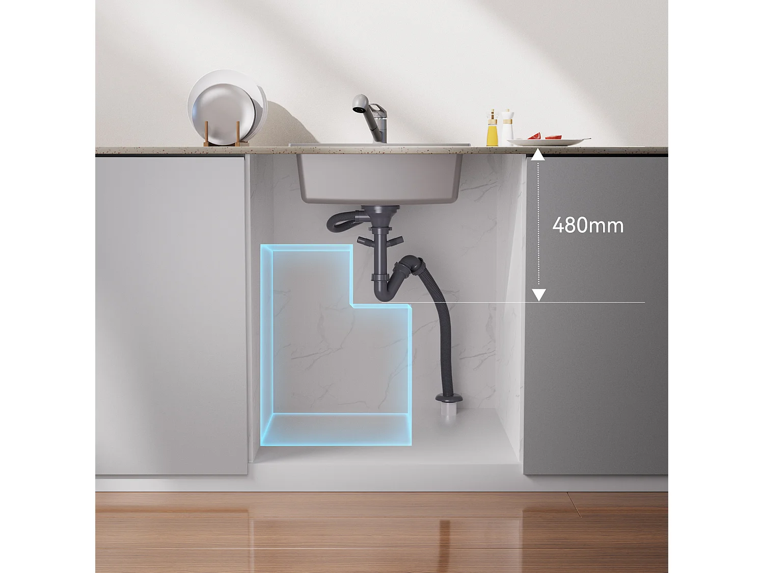 Évier Cuisine 1 Bac en Granit,55*45*20cm,Kit de Vidage,Évier Cuisine Encastré,Trous de Montage pour Robinet/Distributeur Savon,Gris,EU Modèle