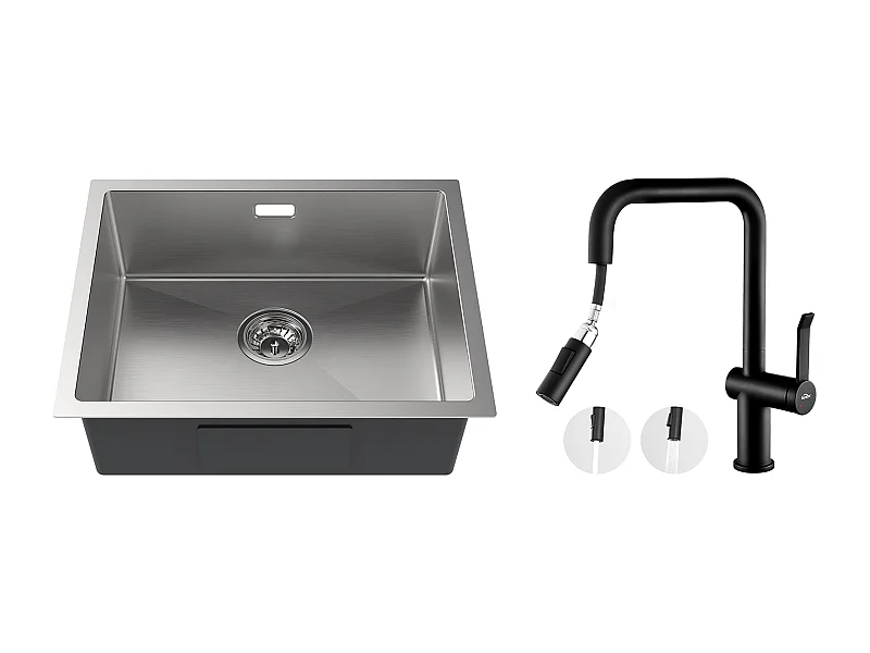 2 in 1 Küchenspüle 1 Becken 55*44*19CM, Gebürstet + Küchenarmatur mit Ausziehbrause 360° Drehbar 2 Funktionen, Abnehmbarer Sprudeler, Schwarz