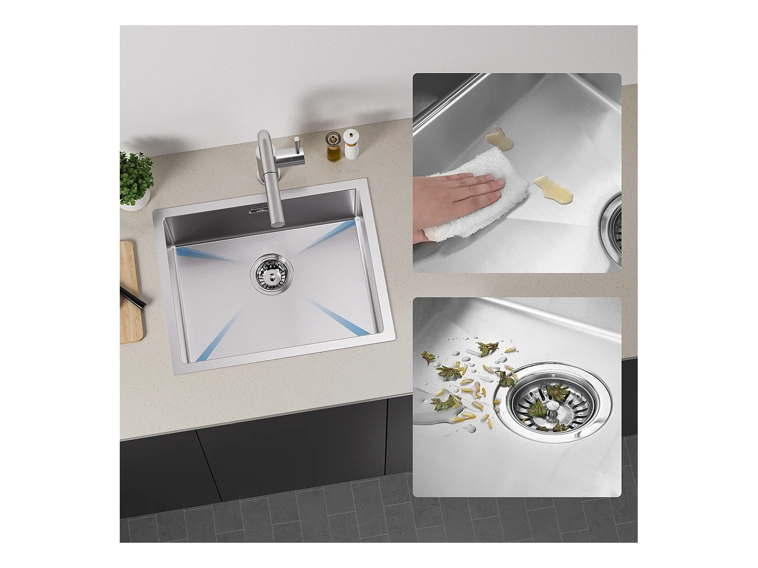 2 en1 Évier Cuisine 1 Bac 55*44*19CM,Brossé+RobinetCuisine avec Douchette Extractible Rotatif 360 °2 Fonctions, Barboteur démontable,Noir