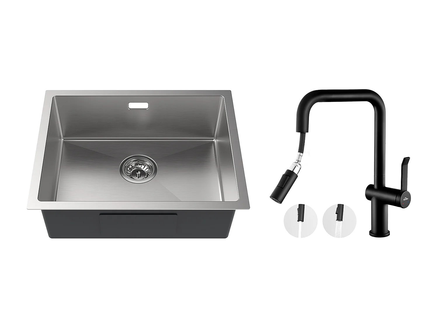 2 en1 Évier Cuisine 1 Bac 55*44*19CM,Brossé+RobinetCuisine avec Douchette Extractible Rotatif 360 °2 Fonctions, Barboteur démontable,Noir