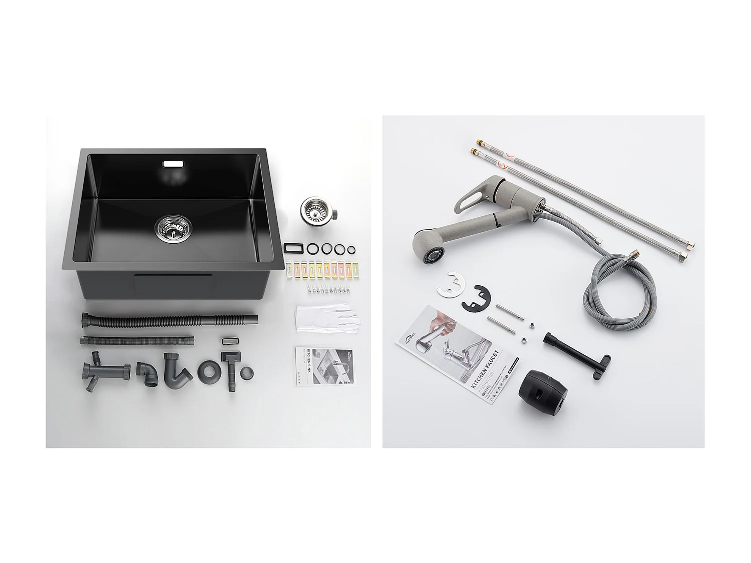 Lavello Cucina 1 Vassoio 55*44*19CM,da Incasso/Fiore/Sottopiano,Nero+Rubinetto Cucina con Doccia Estraibile 2 Getti,Aca Fredda/Calda,Grigio