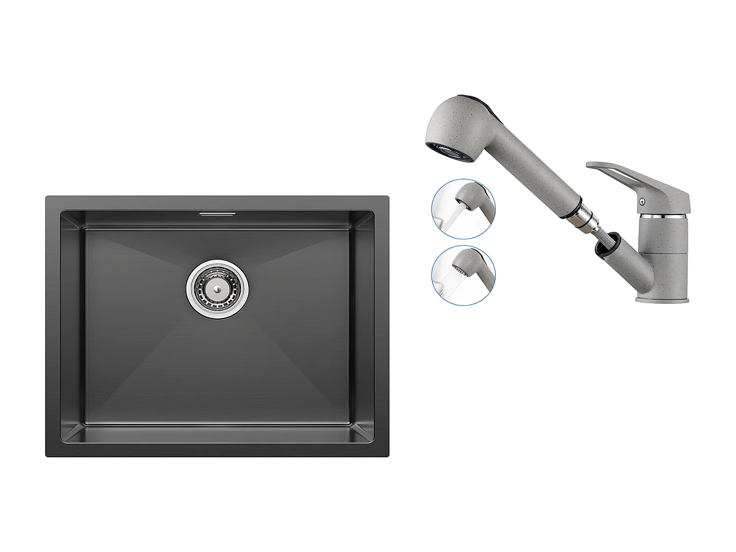 Évier de Cuisine 1 Bac 55*44*19CM, à Encastrer/Fleur/ Sous-Plan, Noir+Robinet Cuisine avec Douchette Extractible 2 Jets,Eau Froide/Chaude,Gris