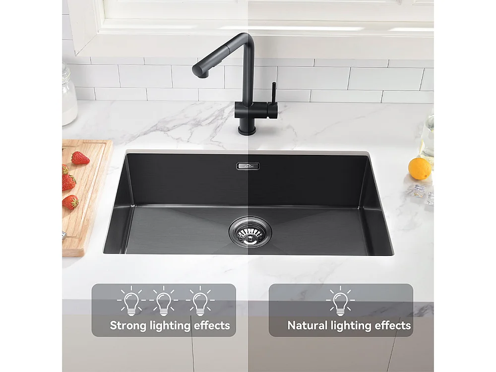 Évier de Cuisine 1 Bac 55*44*19CM, à Encastrer/Fleur/ Sous-Plan, Noir+Robinet Cuisine avec Douchette Extractible 2 Jets,Eau Froide/Chaude,Gris