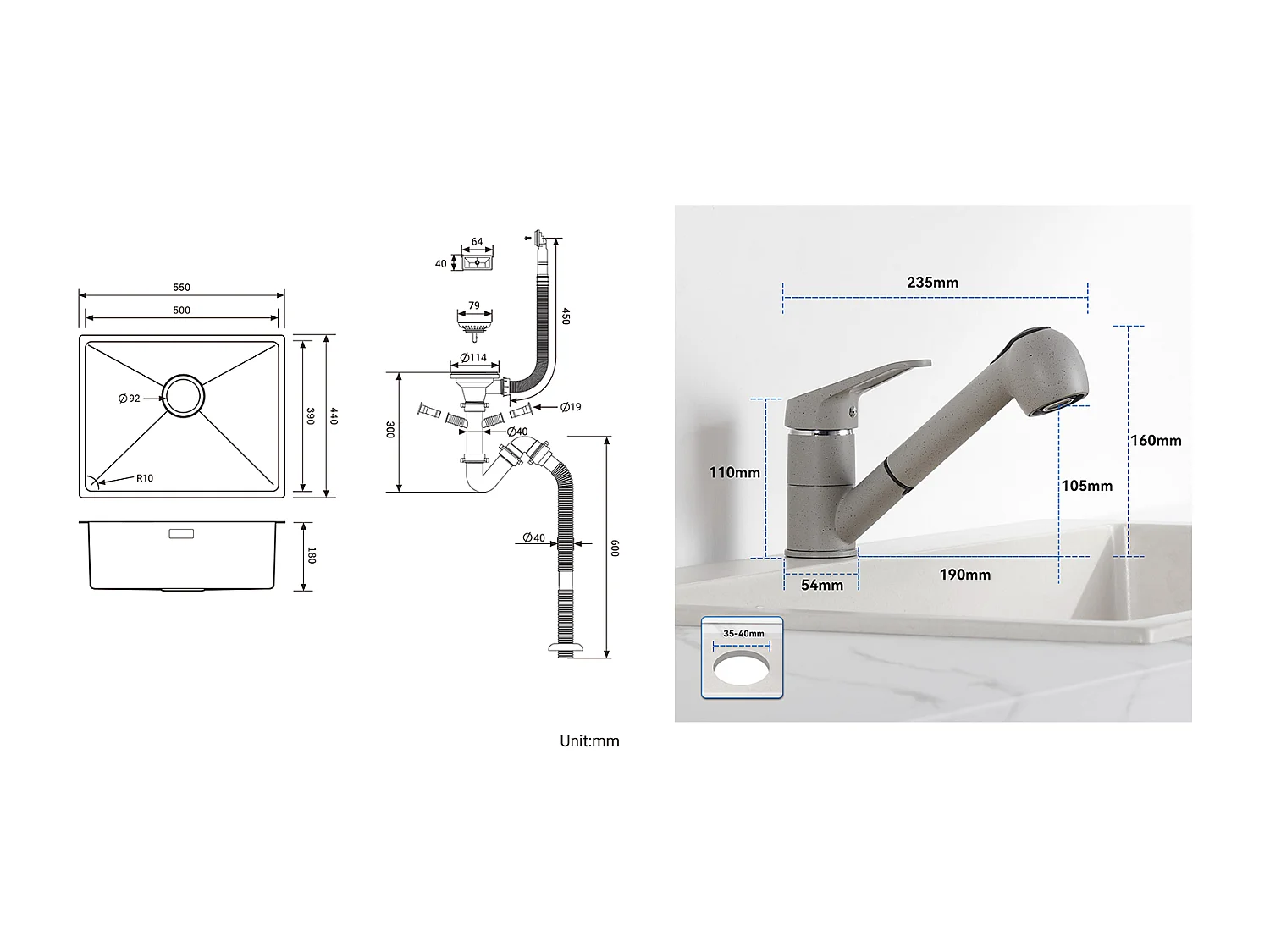 Évier de Cuisine 1 Bac 55*44*19CM, à Encastrer/Fleur/ Sous-Plan, Noir+Robinet Cuisine avec Douchette Extractible 2 Jets,Eau Froide/Chaude,Gris