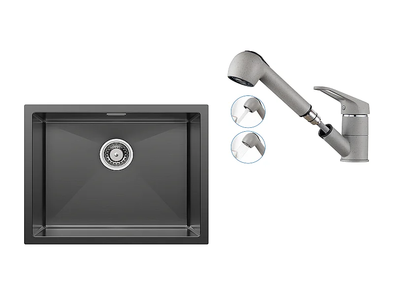 Évier de Cuisine 1 Bac 55*44*19CM, à Encastrer/Fleur/ Sous-Plan, Noir+Robinet Cuisine avec Douchette Extractible 2 Jets,Eau Froide/Chaude,Gris