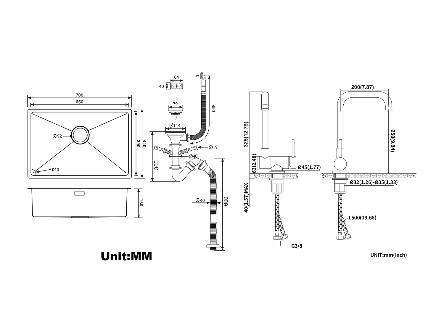 Évier Cuisine 1 Bac 70*44*19CM à Encastrer/Fleur/Sous-Plan,avec Siphon/Trop-Plein,+Robinet Cuisine Douchette Extractible Gris Foncé Rotatif 360 °