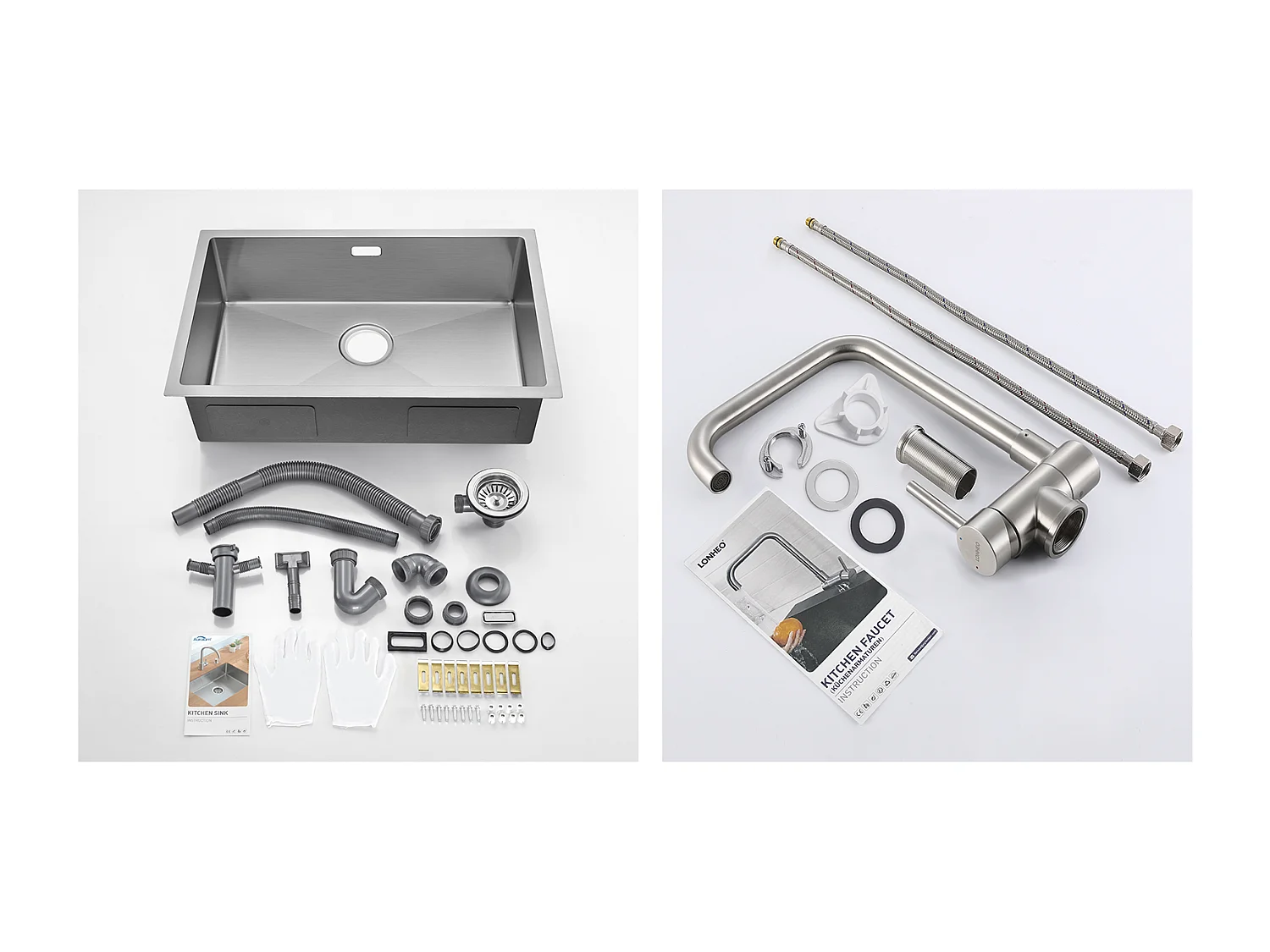 Évier Cuisine 1 Bac 70*44*19CM à Encastrer/Fleur/Sous-Plan,avec Siphon/Trop-Plein,+Robinet Cuisine Douchette Extractible Gris Foncé Rotatif 360 °