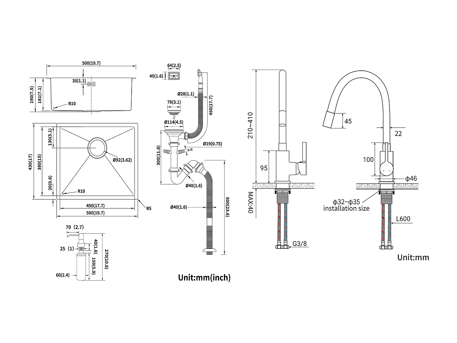 Évier Noir 1 Bac 50x43x18,5CM,Acier Inoxydable, avec Distrubuteur de savon+Robinet de Cuisine Flexible Bec Haut Orientable Librement,Blanc