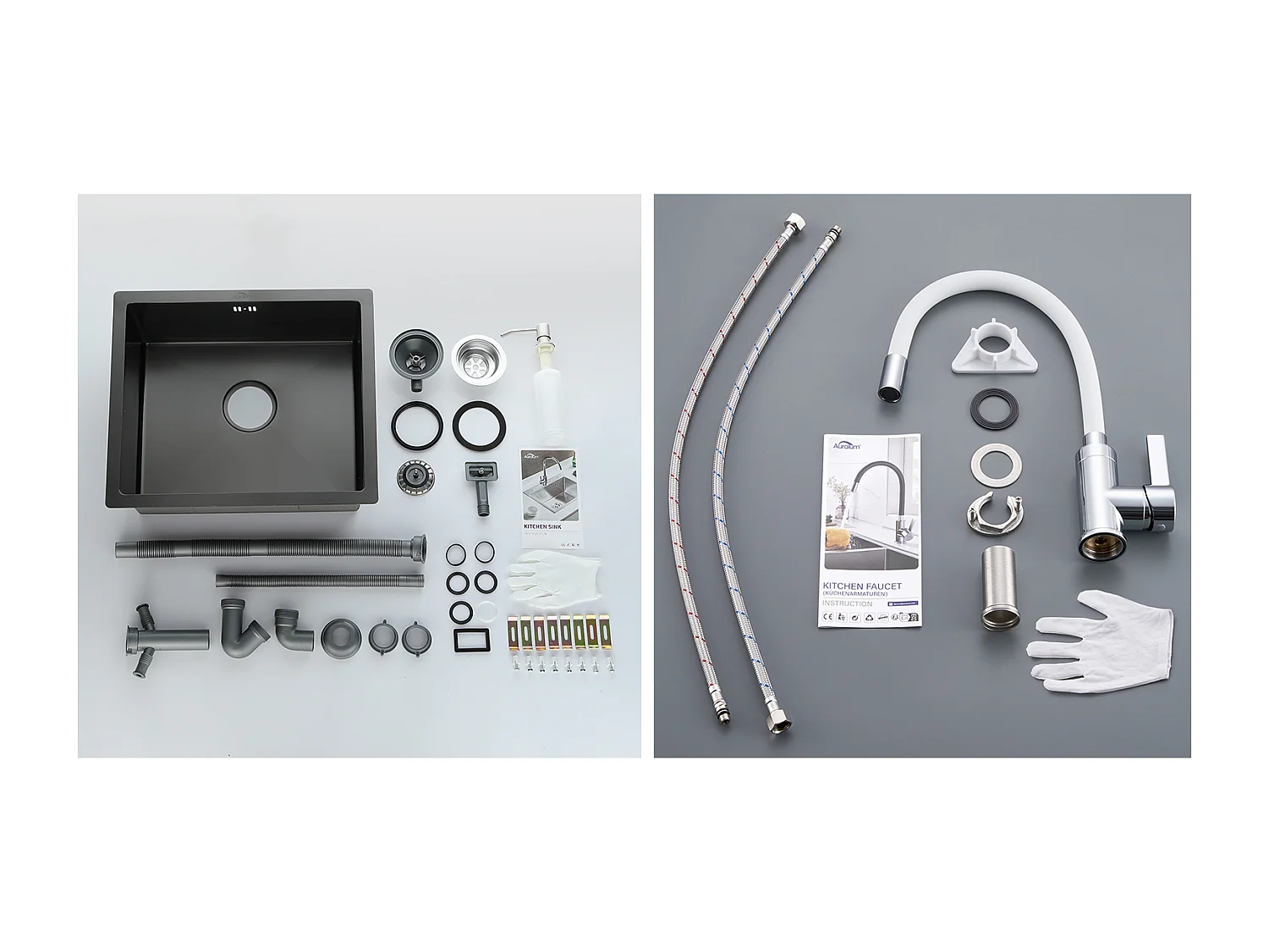 Évier Noir 1 Bac 50x43x18,5CM,Acier Inoxydable, avec Distrubuteur de savon+Robinet de Cuisine Flexible Bec Haut Orientable Librement,Blanc